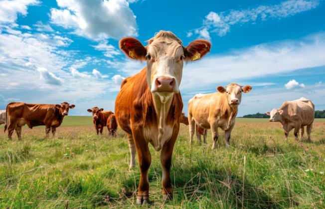 A herd of cattle with clear skies in the background