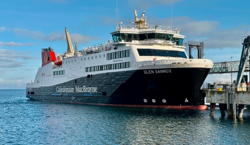 Glen Sannox ferry docked in Scotland