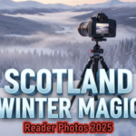 A viral, hyper-realistic YouTube thumbnail with a cinematic winter Scotland atmosphere. The background is a vast snow-covered Highland valley at golden hour with dramatic mist rolling through frosted pine forests and distant purple mountains under a pale pink sky. The composition uses a dramatic low-angle shot to focus on the main subject: a professional DSLR camera on a carbon-fiber tripod planted firmly in deep snow, lens pointed toward the epic landscape. The image features massive 3D typography with strict hierarchy: The Primary Text reads exactly: 'SCOTLAND WINTER MAGIC'. This text is massive, the largest element in the frame, rendered in glowing ice-blue chrome with subtle frost particles and realistic light refraction to look like a high-budget 3D render. The Secondary Text reads exactly: 'Reader Photos 2025'. This text is significantly smaller, positioned below the main text with a bold red sticker-style outline and slight drop shadow to pop against the snow. Make sure text 2 has completely different style and effect from text 1. Crucial Instruction: There is absolutely NO other text, numbers, watermarks, or subtitles in this image other than these two specific lines. 8k, Unreal Engine 5, cinematic render