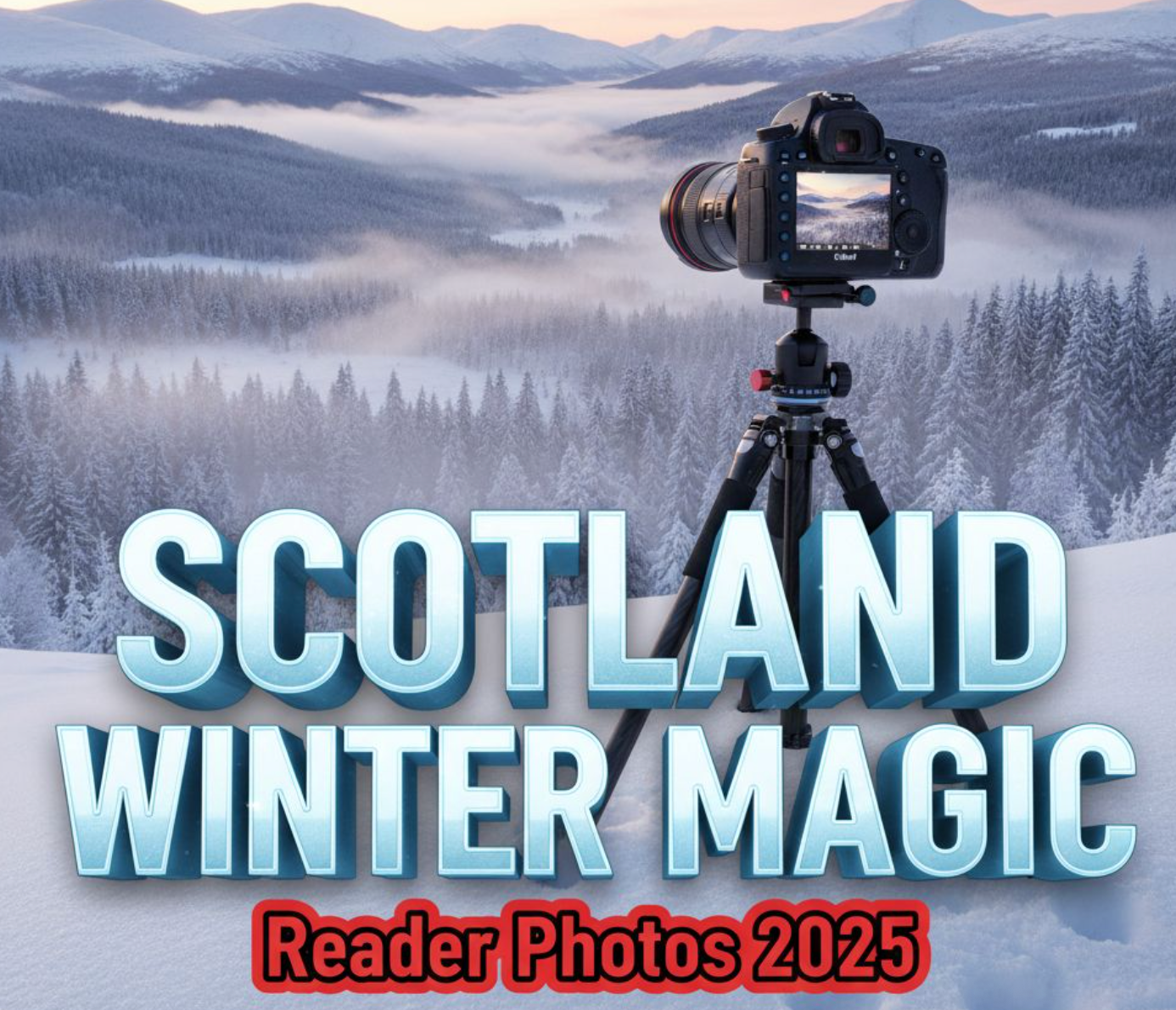 A viral, hyper-realistic YouTube thumbnail with a cinematic winter Scotland atmosphere. The background is a vast snow-covered Highland valley at golden hour with dramatic mist rolling through frosted pine forests and distant purple mountains under a pale pink sky. The composition uses a dramatic low-angle shot to focus on the main subject: a professional DSLR camera on a carbon-fiber tripod planted firmly in deep snow, lens pointed toward the epic landscape. The image features massive 3D typography with strict hierarchy: The Primary Text reads exactly: 'SCOTLAND WINTER MAGIC'. This text is massive, the largest element in the frame, rendered in glowing ice-blue chrome with subtle frost particles and realistic light refraction to look like a high-budget 3D render. The Secondary Text reads exactly: 'Reader Photos 2025'. This text is significantly smaller, positioned below the main text with a bold red sticker-style outline and slight drop shadow to pop against the snow. Make sure text 2 has completely different style and effect from text 1. Crucial Instruction: There is absolutely NO other text, numbers, watermarks, or subtitles in this image other than these two specific lines. 8k, Unreal Engine 5, cinematic render