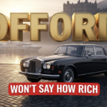 A viral, hyper-realistic YouTube thumbnail with a dramatic political power vibe atmosphere. The background is a moody Scottish loch at dusk with mist rolling off the water and a grand Victorian mansion silhouette on the shore with luxury yachts tied to a private jetty. The composition uses a low-angle cinematic shot to focus on the main subject: a gleaming black classic Rolls-Royce parked on wet cobblestones reflecting golden hour light. The image features massive 3D typography with strict hierarchy: The Primary Text reads exactly: 'OFFORD'. This text is massive, the largest element in the frame, rendered in polished gold chrome to look like a high-budget 3D render. The Secondary Text reads exactly: 'WON'T SAY HOW RICH'. This text is significantly smaller, positioned below the main text. It features a thick red sticker-style outline with white fill to contrast against the background. Make sure text 2 is always different theme, style, effect and border compared to text 1. The text materials correspond to the story's concept. Crucial Instruction: There is absolutely NO other text, numbers, watermarks, or subtitles in this image other than these two specific lines. 8k, Unreal Engine 5, cinematic render