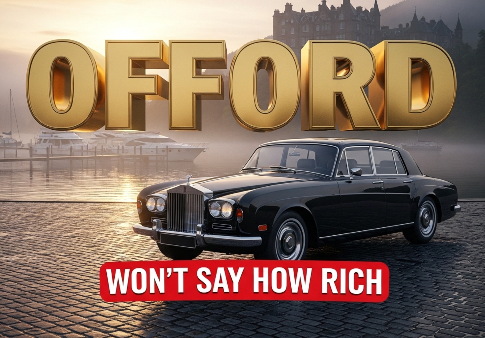A viral, hyper-realistic YouTube thumbnail with a dramatic political power vibe atmosphere. The background is a moody Scottish loch at dusk with mist rolling off the water and a grand Victorian mansion silhouette on the shore with luxury yachts tied to a private jetty. The composition uses a low-angle cinematic shot to focus on the main subject: a gleaming black classic Rolls-Royce parked on wet cobblestones reflecting golden hour light. The image features massive 3D typography with strict hierarchy: The Primary Text reads exactly: 'OFFORD'. This text is massive, the largest element in the frame, rendered in polished gold chrome to look like a high-budget 3D render. The Secondary Text reads exactly: 'WON'T SAY HOW RICH'. This text is significantly smaller, positioned below the main text. It features a thick red sticker-style outline with white fill to contrast against the background. Make sure text 2 is always different theme, style, effect and border compared to text 1. The text materials correspond to the story's concept. Crucial Instruction: There is absolutely NO other text, numbers, watermarks, or subtitles in this image other than these two specific lines. 8k, Unreal Engine 5, cinematic render