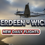 A viral, hyper-realistic YouTube thumbnail with a dramatic Scottish aviation atmosphere. The background is a moody Highland sky at sunrise with dramatic clouds and golden light breaking over rugged coastline and the North Sea. The composition uses a low-angle cinematic shot to focus on the main subject: a sleek Beechcraft King Air 200 twin-turboprop aircraft climbing powerfully into the sky, registration G-MEGN clearly visible. The image features massive 3D typography with strict hierarchy: The Primary Text reads exactly: 'ABERDEEN - WICK'. This text is massive, the largest element in the frame, rendered in polished chrome with subtle Scottish tartan texture to look like a high-budget 3D render. The Secondary Text reads exactly: 'NEW DAILY FLIGHTS'. This text is significantly smaller, positioned below the main text with thick white border and red outline sticker style to contrast against the sky. Make sure text 2 is always different theme, style, effect and border compared to text 1. The text materials correspond to the story's concept. Crucial Instruction: There is absolutely NO other text, numbers, watermarks, or subtitles in this image other than these two specific lines. 8k, Unreal Engine 5, cinematic rende