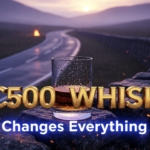 A viral, hyper-realistic YouTube thumbnail with a moody, cinematic Scottish Highlands atmosphere. The background is a narrow, rain-slicked NC500 road disappearing into thick mist at dusk, dramatic purple-orange sky, distant bonfire glow on the horizon. The composition uses a low-angle dramatic shot to focus on the main subject: a faceless heavy crystal Glencairn glass filled with amber whisky placed on an ancient stone wall, water droplets beading on the glass from the rain. The image features massive 3D typography with strict hierarchy: The Primary Text reads exactly: 'NC500 WHISKY'. This text is massive, the largest element in the frame, rendered in molten gold chrome with realistic light reflections to look like a high-budget 3D render. The Secondary Text reads exactly: 'Changes Everything'. This text is significantly smaller, positioned below the main text with a thick electric-blue glowing outline and subtle ember particles to contrast against the dark background. The text materials correspond to the story's concept. Crucial Instruction: There is absolutely NO other text, numbers, watermarks, or subtitles in this image other than these two specific lines. 8k, Unreal Engine 5, cinematic render.