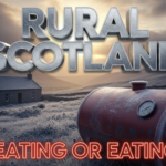 A viral, hyper-realistic YouTube thumbnail with a somber, windswept Scottish countryside atmosphere. The background is a remote frost-covered valley in Dumfries & Galloway at dusk with an old stone cottage emitting faint smoke from the chimney, dramatic golden-hour side lighting cutting through heavy clouds. The composition uses a low-angle cinematic shot to focus on the main subject: a weathered red heating-oil tank standing alone in the foreground, half-empty gauge clearly visible, frost forming on the metal. The image features massive 3D typography with strict hierarchy: The Primary Text reads exactly: 'RURAL SCOTLAND'. This text is massive, the largest element in the frame, rendered in cold brushed steel with icy frost edges to look like a high-budget 3D render. The Secondary Text reads exactly: 'HEATING OR EATING?'. This text is significantly smaller, positioned below the main text with a bold red outline sticker style and subtle glowing ember effect to contrast against the cold background. The text materials correspond to the story's concept. Crucial Instruction: There is absolutely NO other text, numbers, watermarks, or subtitles in this image other than these two specific lines. 8k, Unreal Engine 5, cinematic render.