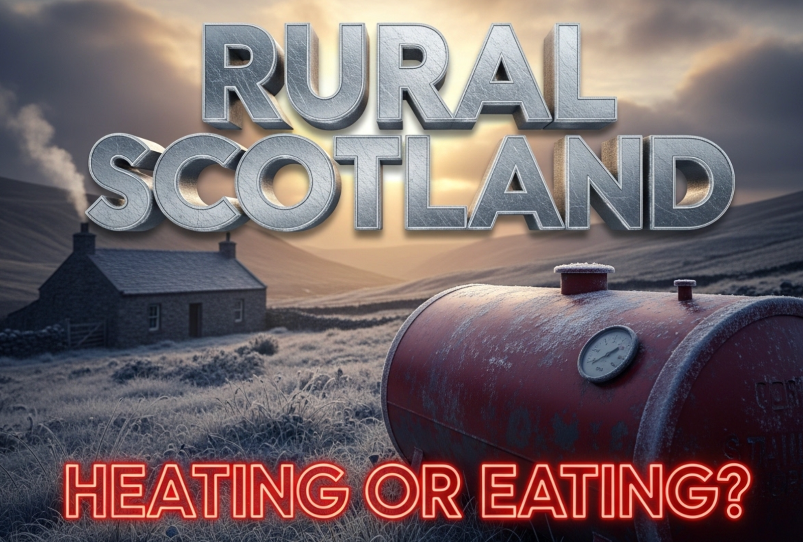 A viral, hyper-realistic YouTube thumbnail with a somber, windswept Scottish countryside atmosphere. The background is a remote frost-covered valley in Dumfries & Galloway at dusk with an old stone cottage emitting faint smoke from the chimney, dramatic golden-hour side lighting cutting through heavy clouds. The composition uses a low-angle cinematic shot to focus on the main subject: a weathered red heating-oil tank standing alone in the foreground, half-empty gauge clearly visible, frost forming on the metal. The image features massive 3D typography with strict hierarchy: The Primary Text reads exactly: 'RURAL SCOTLAND'. This text is massive, the largest element in the frame, rendered in cold brushed steel with icy frost edges to look like a high-budget 3D render. The Secondary Text reads exactly: 'HEATING OR EATING?'. This text is significantly smaller, positioned below the main text with a bold red outline sticker style and subtle glowing ember effect to contrast against the cold background. The text materials correspond to the story's concept. Crucial Instruction: There is absolutely NO other text, numbers, watermarks, or subtitles in this image other than these two specific lines. 8k, Unreal Engine 5, cinematic render.
