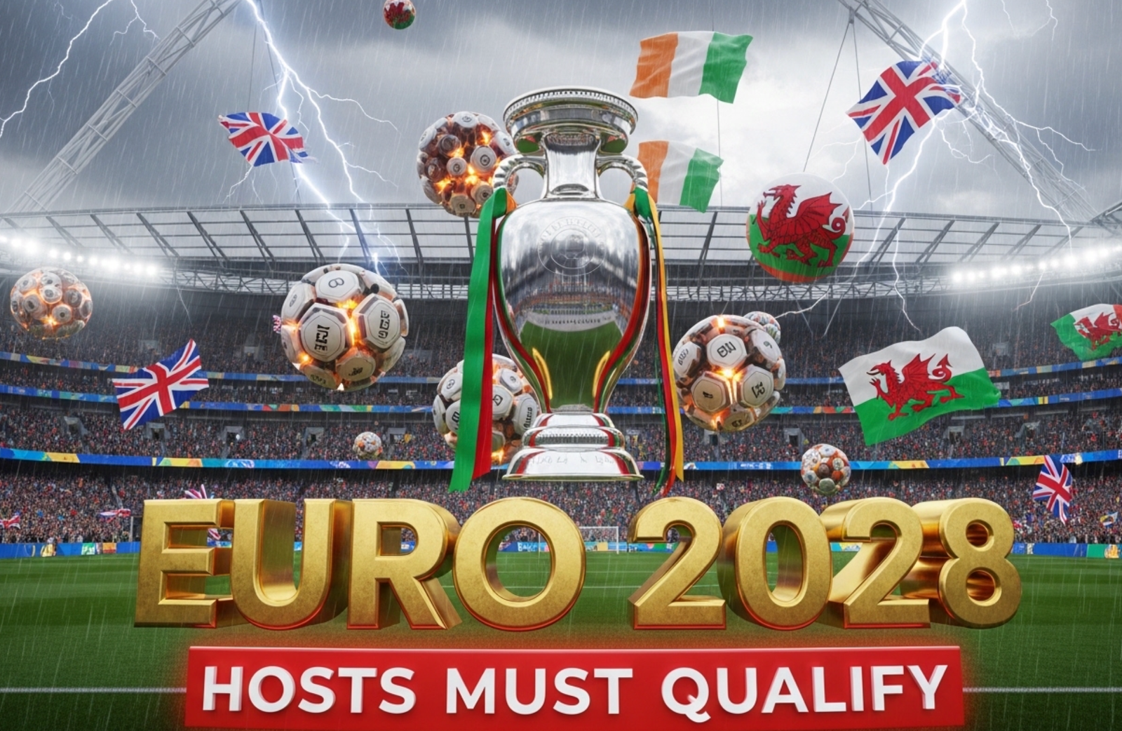 A viral, hyper-realistic YouTube thumbnail with a dramatic stadium atmosphere. The background is a storm-lit Wembley Stadium packed with restless fans waving Union Jacks, Irish tricolours, Scottish Saltire and Welsh flags under heavy rain and lightning flashes. The composition uses a low-angle cinematic shot to focus on the main subject: a gleaming metallic UEFA European Championship trophy floating in the centre with qualification draw balls exploding around it. The image features massive 3D typography with strict hierarchy: The Primary Text reads exactly: 'EURO 2028'. This text is massive, the largest element in the frame, rendered in molten gold chrome with dramatic rim lighting to look like a high-budget 3D render. The Secondary Text reads exactly: 'HOSTS MUST QUALIFY'. This text is significantly smaller, positioned below the main text with a thick red warning-style border and glowing edge effect to contrast against the stormy background. Make sure text 2 has completely different style and effect from text 1. The text materials correspond to the story's concept. Crucial Instruction: There is absolutely NO other text, numbers, watermarks, or subtitles in this image other than these two specific lines. 8k, Unreal Engine 5, cinematic rende