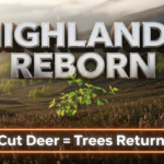 A viral, hyper-realistic YouTube thumbnail with a dramatic Scottish Highlands atmosphere. The background is a vast misty mountain landscape at dawn with golden light breaking over treeless grassy hills giving way to emerging green dwarf birch treelines. The composition uses a low cinematic wide angle to focus on the main subject: a close-up cluster of fresh dwarf birch saplings pushing through heather. The image features massive 3D typography with strict hierarchy: The Primary Text reads exactly: 'HIGHLANDS REBORN'. This text is massive, the largest element in the frame, rendered in polished chrome with subtle highland mist particles to look like a high-budget 3D render. The Secondary Text reads exactly: 'Cut Deer = Trees Return'. This text is significantly smaller, positioned below the main text. It features a thick, glowing orange border/outline (sticker style) to contrast against the background. Make sure text 2 is always different theme, style, effect and border compared to text 1. The text materials correspond to the story's concept. Crucial Instruction: There is absolutely NO other text, numbers, watermarks, or subtitles in this image other than these two specific lines. 8k, Unreal Engine 5, cinematic render