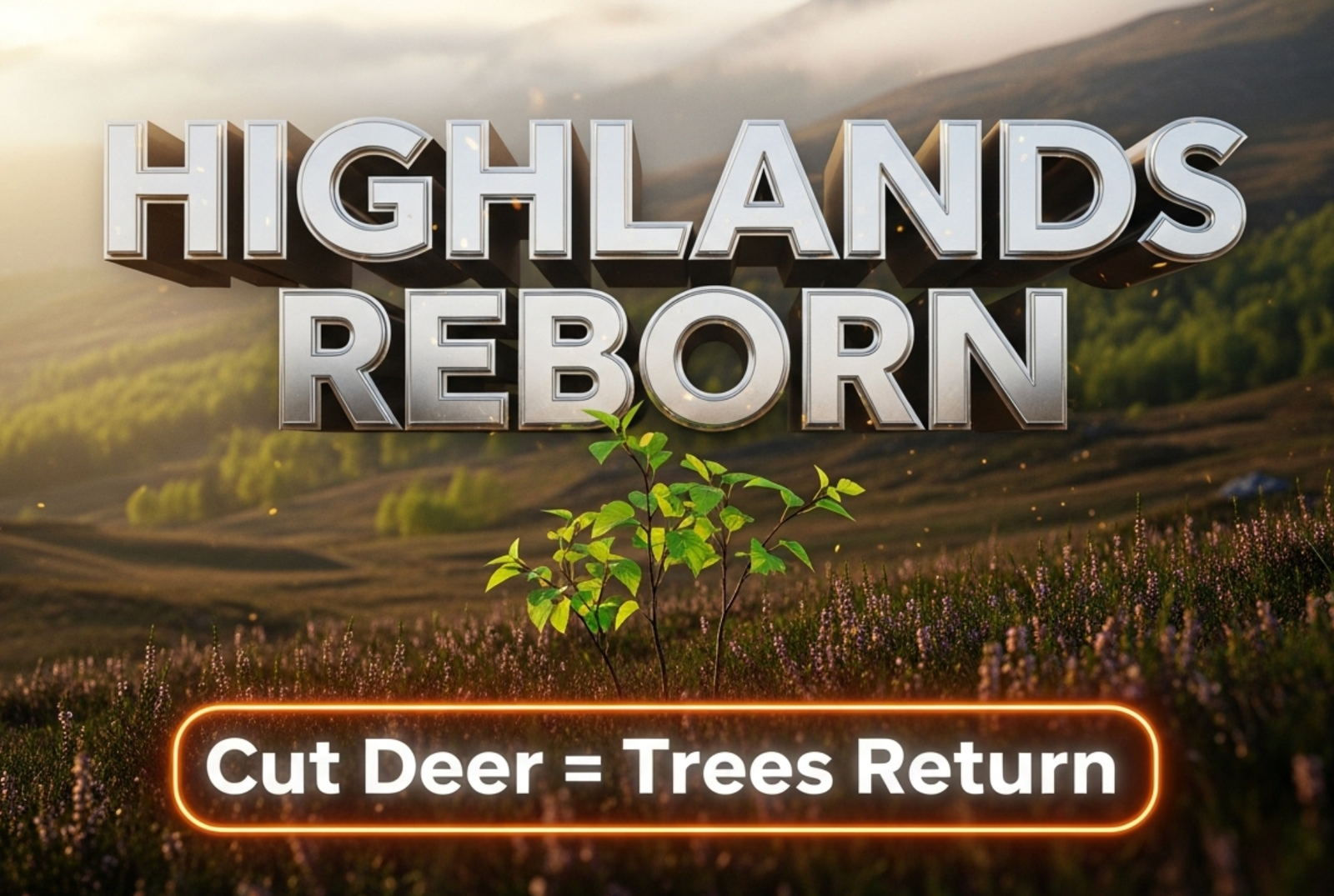 A viral, hyper-realistic YouTube thumbnail with a dramatic Scottish Highlands atmosphere. The background is a vast misty mountain landscape at dawn with golden light breaking over treeless grassy hills giving way to emerging green dwarf birch treelines. The composition uses a low cinematic wide angle to focus on the main subject: a close-up cluster of fresh dwarf birch saplings pushing through heather. The image features massive 3D typography with strict hierarchy: The Primary Text reads exactly: 'HIGHLANDS REBORN'. This text is massive, the largest element in the frame, rendered in polished chrome with subtle highland mist particles to look like a high-budget 3D render. The Secondary Text reads exactly: 'Cut Deer = Trees Return'. This text is significantly smaller, positioned below the main text. It features a thick, glowing orange border/outline (sticker style) to contrast against the background. Make sure text 2 is always different theme, style, effect and border compared to text 1. The text materials correspond to the story's concept. Crucial Instruction: There is absolutely NO other text, numbers, watermarks, or subtitles in this image other than these two specific lines. 8k, Unreal Engine 5, cinematic render