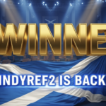 A viral, hyper-realistic YouTube thumbnail with a dramatic Scottish political atmosphere. The background is the dark, moody chamber of the Scottish Parliament with deep blue lighting and shafts of golden light cutting through like spotlights. The composition uses a low-angle cinematic shot to focus on the main subject: a massive, gleaming golden Saltire flag dramatically unfurling across the debating chamber floor. The image features massive 3D typography with strict hierarchy: The Primary Text reads exactly: 'SWINNEY'. This text is massive, the largest element in the frame, rendered in polished gold chrome with deep cinematic edge lighting to look like a high-budget 3D render. The Secondary Text reads exactly: 'INDYREF2 IS BACK'. This text is significantly smaller, positioned below the main text with a thick electric-blue glowing outline and subtle pulse effect to contrast against the background. Make sure text 2 is always different theme, style, effect and border compared to text 1. The text materials correspond to the story's concept. Crucial Instruction: There is absolutely NO other text, numbers, watermarks, or subtitles in this image other than these two specific lines. 8k, Unreal Engine 5, cinematic render.