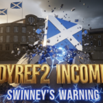 A viral, hyper-realistic YouTube thumbnail with a dramatic Scottish political atmosphere. The background is the Scottish Parliament at Holyrood during golden hour with dark storm clouds gathering above, Saltire flags whipping in strong wind. The composition uses a low-angle cinematic shot to focus on the main subject: a massive, gleaming chrome Scottish Saltire emerging from cracked stone like it's breaking free. The image features massive 3D typography with strict hierarchy: The Primary Text reads exactly: 'Indyref2 Incoming'. This text is massive, the largest element in the frame, rendered in molten gold with glowing edges to look like a high-budget 3D render. The Secondary Text reads exactly: 'Swinney's Warning'. This text is significantly smaller, positioned below with a thick electric-blue outline and subtle lightning crackle effect. The text materials correspond to the story's concept. Crucial Instruction: There is absolutely NO other text, numbers, watermarks, or subtitles in this image other than these two specific lines. 8k, Unreal Engine 5, cinematic render.