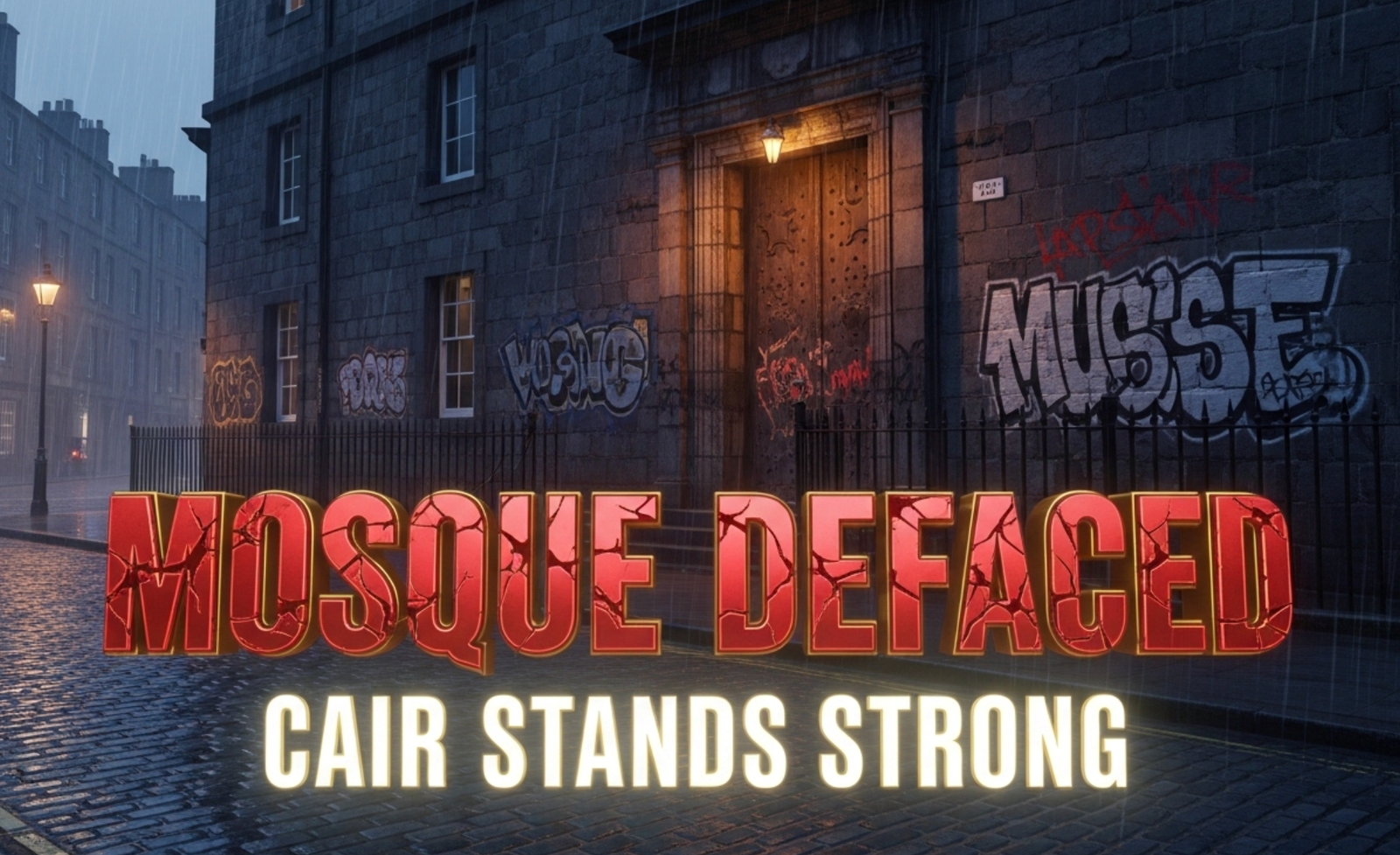 A viral, hyper-realistic YouTube thumbnail with a somber, rainy urban atmosphere. The background is the historic stone facade of Edinburgh Central Mosque at dusk under Scottish rain, wet cobblestones reflecting dim streetlights with fresh anti-Muslim graffiti still visible on the walls. The composition uses a low-angle dramatic shot to focus on the main subject: a large, weathered stone mosque entrance door. The image features massive 3D typography with strict hierarchy: The Primary Text reads exactly: 'MOSQUE DEFACED'. This text is massive, the largest element in the frame, rendered in cracked blood-red chrome to look like a high-budget 3D render. The Secondary Text reads exactly: 'CAIR STANDS STRONG'. This text is significantly smaller, positioned below the main text. It features a thick white glow border with golden outline to contrast against the dark rainy background. Make sure text 2 is always different theme, style, effect and border compared to text 1. The text materials correspond to the story's concept. Crucial Instruction: There is absolutely NO other text, numbers, watermarks, or subtitles in this image other than these two specific lines. 8k, Unreal Engine 5, cinematic render.