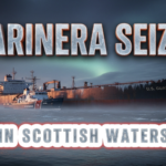 A viral, hyper-realistic YouTube thumbnail with a dramatic maritime military atmosphere. The background is the cold, misty waters of Scotland’s Moray Firth at dawn with dark storm clouds and faint Northern Lights glow. The composition uses a low-angle cinematic shot to focus on the main subject: a massive weathered oil tanker anchored with a smaller US Coast Guard cutter alongside. The image features massive 3D typography with strict hierarchy: The Primary Text reads exactly: 'MARINERA SEIZED'. This text is massive, the largest element in the frame, rendered in cold forged steel with ice crystals and orange rust streaks to look like a high-budget 3D render. The Secondary Text reads exactly: 'IN SCOTTISH WATERS'. This text is significantly smaller, positioned below the main text. It features a thick white glow border with red outline sticker style to contrast against the dark sea. Make sure text 2 is always different theme, style, effect and border compared to text 1. The text materials correspond to the story's concept. Crucial Instruction: There is absolutely NO other text, numbers, watermarks, or subtitles in this image other than these two specific lines. 8k, Unreal Engine 5, cinematic render