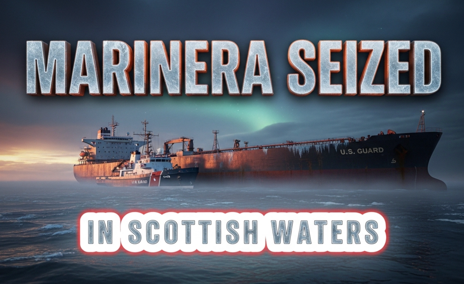 A viral, hyper-realistic YouTube thumbnail with a dramatic maritime military atmosphere. The background is the cold, misty waters of Scotland’s Moray Firth at dawn with dark storm clouds and faint Northern Lights glow. The composition uses a low-angle cinematic shot to focus on the main subject: a massive weathered oil tanker anchored with a smaller US Coast Guard cutter alongside. The image features massive 3D typography with strict hierarchy: The Primary Text reads exactly: 'MARINERA SEIZED'. This text is massive, the largest element in the frame, rendered in cold forged steel with ice crystals and orange rust streaks to look like a high-budget 3D render. The Secondary Text reads exactly: 'IN SCOTTISH WATERS'. This text is significantly smaller, positioned below the main text. It features a thick white glow border with red outline sticker style to contrast against the dark sea. Make sure text 2 is always different theme, style, effect and border compared to text 1. The text materials correspond to the story's concept. Crucial Instruction: There is absolutely NO other text, numbers, watermarks, or subtitles in this image other than these two specific lines. 8k, Unreal Engine 5, cinematic render
