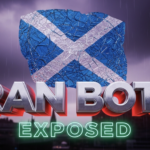 A viral, hyper-realistic YouTube thumbnail with a dark political intrigue atmosphere. The background is a stormy Edinburgh skyline at dusk with the Scottish Parliament building silhouetted against dramatic purple-black clouds and subtle digital glitch effects raining down like static. The composition uses a low-angle cinematic shot to focus on the main subject: a massive, cracked Saltire flag made of shattered blue glass floating in the foreground. The image features massive 3D typography with strict hierarchy: The Primary Text reads exactly: 'IRAN BOTS'. This text is massive, the largest element in the frame, rendered in cold chrome metal with sharp edges and faint red glow underneath like heated steel. The Secondary Text reads exactly: 'EXPOSED'. This text is significantly smaller, positioned below the main text with a thick neon-green outline and subtle scan-line distortion effect. Make sure text 2 has completely different style and border compared to text 1. The text materials correspond to the story's concept. Crucial Instruction: There is absolutely NO other text, numbers, watermarks, or subtitles in this image other than these two specific lines. 8k, Unreal Engine 5, cinematic render
