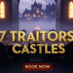 A viral, hyper-realistic YouTube thumbnail with a dark, cinematic Entertainment atmosphere. The background is a misty Scottish Highland castle at twilight with dramatic purple storm clouds and golden window glows piercing the fog. The composition uses a low dramatic angle to focus on the main subject: a massive ancient round wooden table set with silver goblets and black cloaks draped over chairs inside a stone great hall visible through open castle doors. The image features massive 3D typography with strict hierarchy: The Primary Text reads exactly: '7 TRAITORS CASTLES'. This text is massive, the largest element in the frame, rendered in molten gold chrome with glowing edges to look like a high-budget 3D render. The Secondary Text reads exactly: 'BOOK NOW'. This text is significantly smaller, positioned below the main text with a thick blood-red outline and subtle dripping effect to contrast against the background. Make sure text 2 is always different theme, style, effect and border compared to text 1. The text materials correspond to the story's concept. Crucial Instruction: There is absolutely NO other text, numbers, watermarks, or subtitles in this image other than these two specific lines. 8k, Unreal Engine 5, cinematic render.