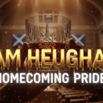 A viral, hyper-realistic YouTube thumbnail with a cinematic Scottish pride atmosphere. The background is the grand Scottish Parliament interior glowing with warm amber spotlights and subtle tartan patterns in the shadows. The composition uses a dramatic low-angle shot to focus on the main subject: a gleaming crystal whisky glass raised in toast, light refracting through fine Scotch inside it. The image features massive 3D typography with strict hierarchy: The Primary Text reads exactly: 'SAM HEUGHAN'. This text is massive, the largest element in the frame, rendered in molten gold with realistic liquid metal drips to look like a high-budget 3D render. The Secondary Text reads exactly: 'HOMECOMING PRIDE'. This text is significantly smaller, positioned below the main text with a thick white glow border and subtle fire ember particles to contrast against the background. The text materials correspond to the story's concept. Crucial Instruction: There is absolutely NO other text, numbers, watermarks, or subtitles in this image other than these two specific lines. 8k, Unreal Engine 5, cinematic render