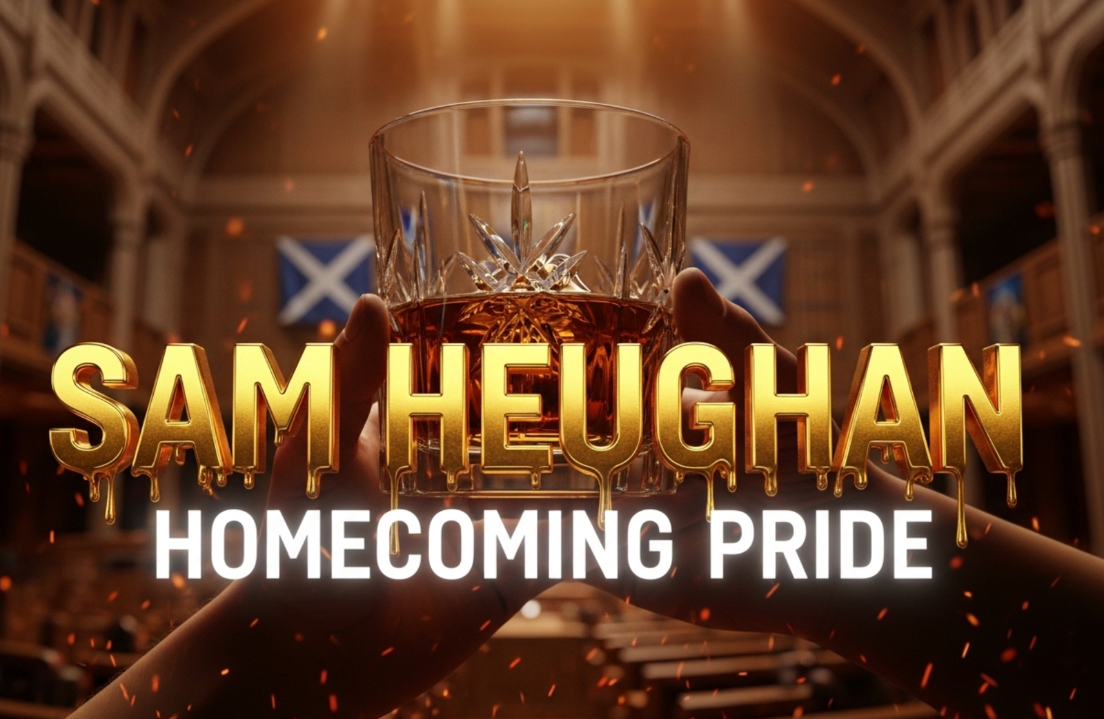 A viral, hyper-realistic YouTube thumbnail with a cinematic Scottish pride atmosphere. The background is the grand Scottish Parliament interior glowing with warm amber spotlights and subtle tartan patterns in the shadows. The composition uses a dramatic low-angle shot to focus on the main subject: a gleaming crystal whisky glass raised in toast, light refracting through fine Scotch inside it. The image features massive 3D typography with strict hierarchy: The Primary Text reads exactly: 'SAM HEUGHAN'. This text is massive, the largest element in the frame, rendered in molten gold with realistic liquid metal drips to look like a high-budget 3D render. The Secondary Text reads exactly: 'HOMECOMING PRIDE'. This text is significantly smaller, positioned below the main text with a thick white glow border and subtle fire ember particles to contrast against the background. The text materials correspond to the story's concept. Crucial Instruction: There is absolutely NO other text, numbers, watermarks, or subtitles in this image other than these two specific lines. 8k, Unreal Engine 5, cinematic render