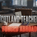 A viral, hyper-realistic YouTube thumbnail with a dramatic, somber cinematic atmosphere. The background is a dimly lit empty Scottish primary classroom with rain-streaked windows, old wooden desks pushed aside, and a faint Saltire flag drooping in the corner with subtle dust particles in the air. The composition uses a low-angle shot to focus on the main subject: a single abandoned teacher’s desk with an open suitcase on top, a crumpled resignation letter, and a passport showing Dubai stamps. The image features massive 3D typography with strict hierarchy: The Primary Text reads exactly: 'Scotland Teachers'. This text is massive, the largest element in the frame, rendered in weathered brushed steel with faint rust edges to look like a high-budget 3D render. The Secondary Text reads exactly: 'Forced Abroad'. This text is significantly smaller, positioned below the main text. It features a thick, glowing red outline with subtle ember particles to contrast against the background. Make sure text 2 is always different theme, style, effect and border compared to text 1. The text materials correspond to the story's concept. Crucial Instruction: There is absolutely NO other text, numbers, watermarks, or subtitles in this image other than these two specific lines. 8k, Unreal Engine 5, cinematic render.