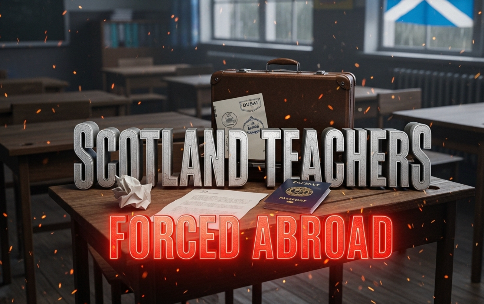 A viral, hyper-realistic YouTube thumbnail with a dramatic, somber cinematic atmosphere. The background is a dimly lit empty Scottish primary classroom with rain-streaked windows, old wooden desks pushed aside, and a faint Saltire flag drooping in the corner with subtle dust particles in the air. The composition uses a low-angle shot to focus on the main subject: a single abandoned teacher’s desk with an open suitcase on top, a crumpled resignation letter, and a passport showing Dubai stamps. The image features massive 3D typography with strict hierarchy: The Primary Text reads exactly: 'Scotland Teachers'. This text is massive, the largest element in the frame, rendered in weathered brushed steel with faint rust edges to look like a high-budget 3D render. The Secondary Text reads exactly: 'Forced Abroad'. This text is significantly smaller, positioned below the main text. It features a thick, glowing red outline with subtle ember particles to contrast against the background. Make sure text 2 is always different theme, style, effect and border compared to text 1. The text materials correspond to the story's concept. Crucial Instruction: There is absolutely NO other text, numbers, watermarks, or subtitles in this image other than these two specific lines. 8k, Unreal Engine 5, cinematic render.