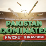 A viral, hyper-realistic YouTube thumbnail with a sports kinetic stadium atmosphere. The background is a packed Takashinga Sports Club in Harare under dramatic golden sunset lighting with dust particles in the air. The composition uses a dramatic low angle to focus on the main subject: shattered cricket stumps with bails flying high in slow motion. The image features massive 3D typography with strict hierarchy: The Primary Text reads exactly: 'Pakistan Dominates'. This text is massive, the largest element in the frame, rendered in premium emerald green chrome with glowing edges to look like a high-budget 3D render. The Secondary Text reads exactly: '9 Wicket Thrashing'. This text is significantly smaller, positioned below the main text. It features a thick, fiery red border/outline (sticker style) to contrast against the background. Make sure text 2 is always different theme, style, effect and border compared to text 1. The text materials correspond to the story's concept. Crucial Instruction: There is absolutely NO other text, numbers, watermarks, or subtitles in this image other than these two specific lines. 8k, Unreal Engine 5, cinematic render.