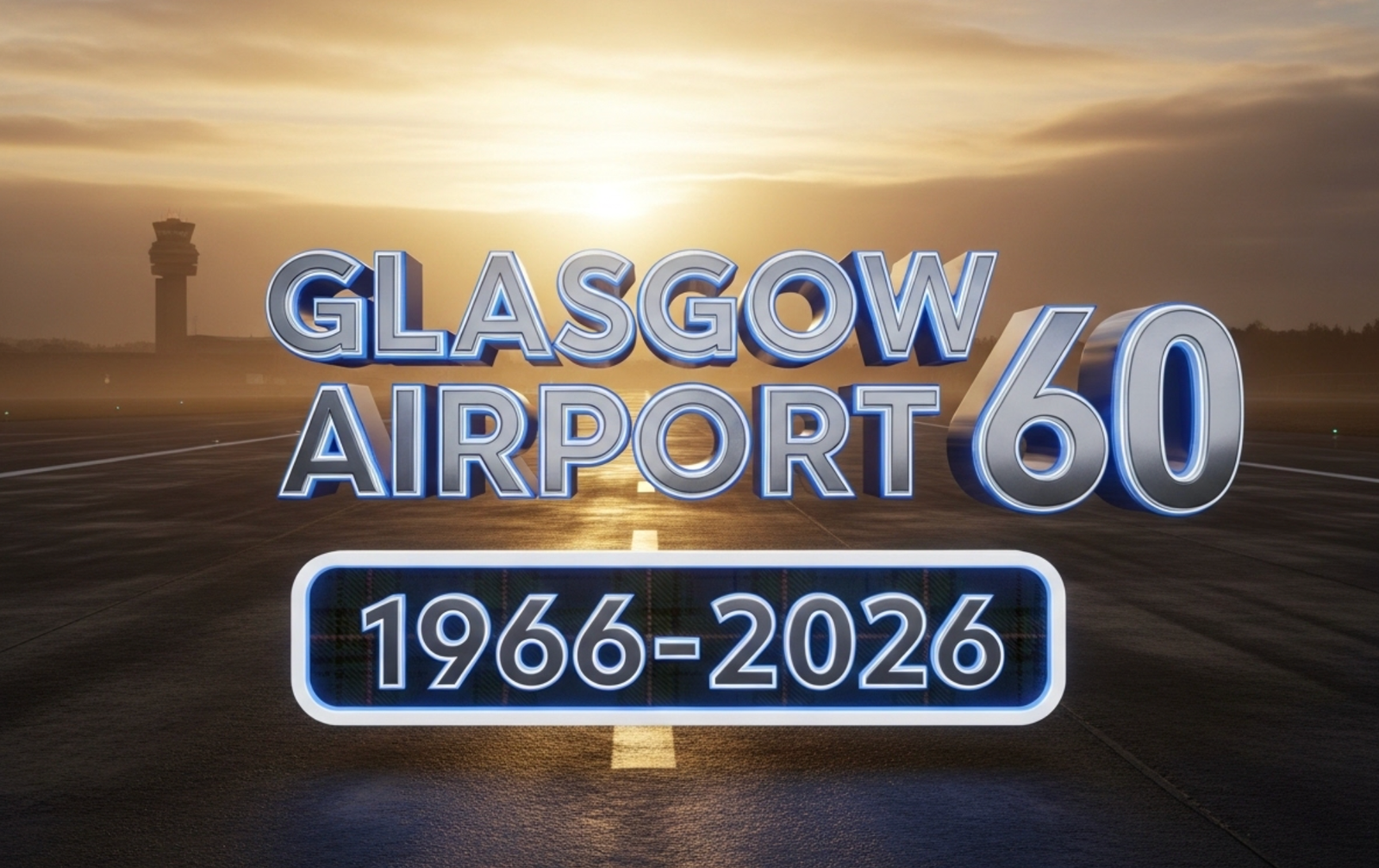 A viral, hyper-realistic YouTube thumbnail with a sleek aviation atmosphere. The background is a dramatic Scottish dawn sky over the Glasgow Airport runway with golden sunlight rays cutting through morning mist and a distant control tower silhouette. The composition uses a low dramatic camera angle to focus on the main subject: a massive gleaming metallic 60th anniversary badge floating above the tarmac. The image features massive 3D typography with strict hierarchy: The Primary Text reads exactly: 'GLASGOW AIRPORT 60'. This text is massive, the largest element in the frame, rendered in polished chrome with Scottish blue glow edges to look like a high-budget 3D render. The Secondary Text reads exactly: '1966-2026'. This text is significantly smaller, positioned below the main text. It features a thick white border with subtle tartan pattern texture to contrast against the background. Make sure text 2 is always different theme, style, effect and border compared to text 1. The text materials correspond to the story's concept. Crucial Instruction: There is absolutely NO other text, numbers, watermarks, or subtitles in this image other than these two specific lines. 8k, Unreal Engine 5, cinematic render