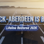 A viral, hyper-realistic YouTube thumbnail with a dramatic Scottish aviation atmosphere. The background is a misty Wick John O'Groats Airport at golden hour sunrise over the Pentland Firth, dramatic Scottish Highlands silhouette. The composition uses a low-angle heroic shot to focus on the main subject: a sleek Beechcraft King Air 200 turboprop on the runway, wheels just lifting off, powerful motion blur on the props. The image features massive 3D typography with strict hierarchy: The Primary Text reads exactly: 'WICK-ABERDEEN IS BACK'. This text is massive, the largest element in the frame, rendered in polished chrome silver with subtle Scottish tartan texture to look like a high-budget 3D render. The Secondary Text reads exactly: 'Lifeline Restored 2026'. This text is significantly smaller, positioned below the main text with electric blue glowing edge border and white outline sticker style. The text materials correspond to the story's concept. Crucial Instruction: There is absolutely NO other text, numbers, watermarks, or subtitles in this image other than these two specific lines. 8k, Unreal Engine 5, cinematic render.