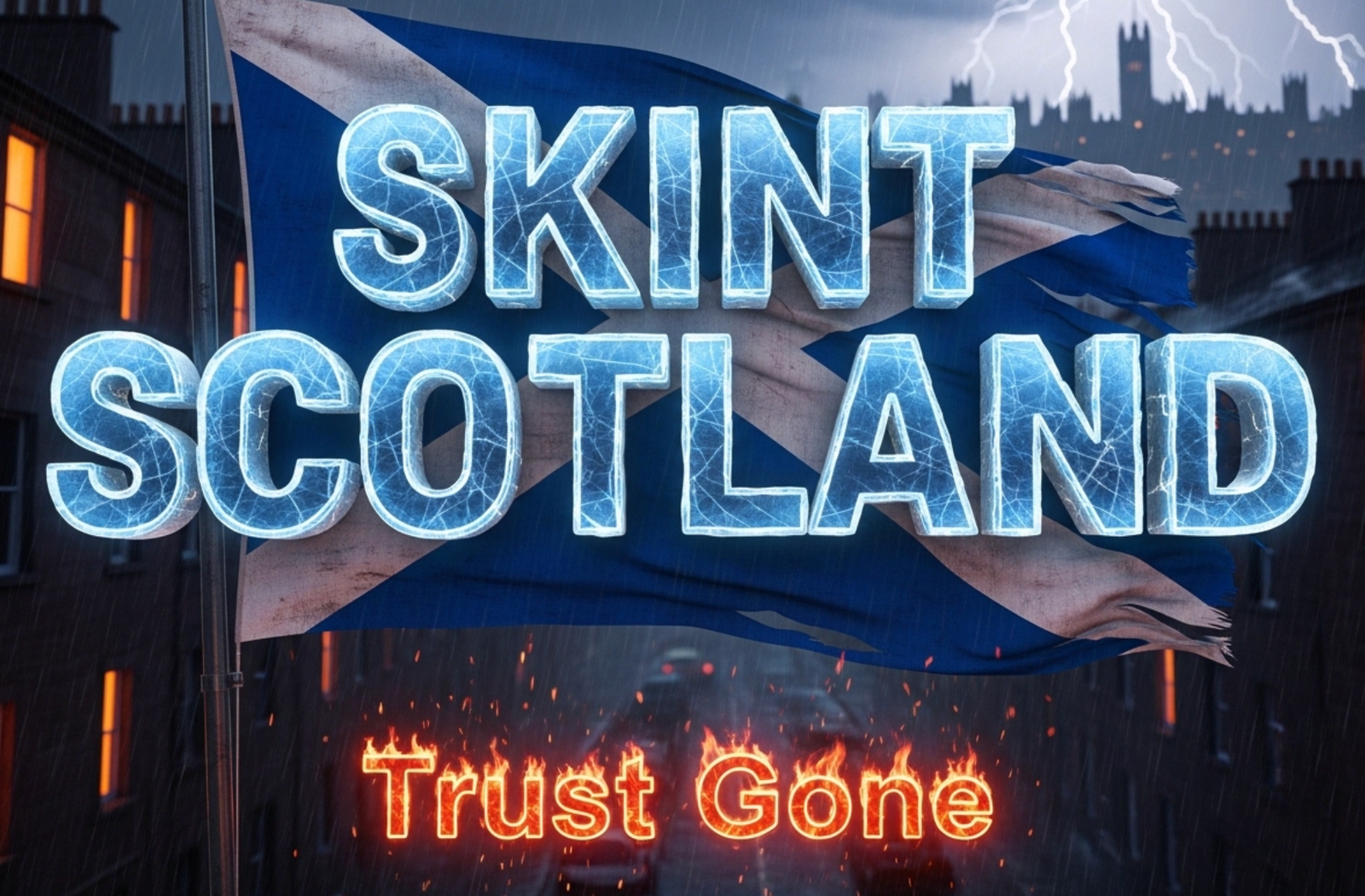 A viral, hyper-realistic YouTube thumbnail with a dark, stormy Scottish political atmosphere. The background is a rain-lashed Glasgow tenement street at dusk with glowing orange tenement windows and a distant Holyrood parliament silhouette under heavy clouds and dramatic lightning. The composition uses a low-angle cinematic shot to focus on the main subject: a torn and weathered Scottish Saltire flag ripping in the wind. The image features massive 3D typography with strict hierarchy: The Primary Text reads exactly: 'SKINT SCOTLAND'. This text is massive, the largest element in the frame, rendered in cracked, frozen ice with deep blue glow to symbolise hardship and frozen wages. The Secondary Text reads exactly: 'Trust Gone'. This text is significantly smaller, positioned below the main text with a burning red outline and ember effects like it's on fire with anger. The text materials correspond to the story's concept. Crucial Instruction: There is absolutely NO other text, numbers, watermarks, or subtitles in this image other than these two specific lines. 8k, Unreal Engine 5, cinematic render
