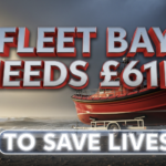 A viral, hyper-realistic YouTube thumbnail with a dramatic coastal rescue atmosphere. The background is a moody Scottish winter sea at Fleet Bay with dark storm clouds, crashing waves, and golden hour side light cutting through mist. The composition uses a low dramatic angle to focus on the main subject: a bright red idle lifeboat on its trailer right at the water's edge, looking powerful yet grounded. The image features massive 3D typography with strict hierarchy: The Primary Text reads exactly: 'FLEET BAY NEEDS £61K'. This text is massive, the largest element in the frame, rendered in gleaming wet-look chrome with red reflective edges to look like a high-budget 3D render. The Secondary Text reads exactly: 'TO SAVE LIVES'. This text is significantly smaller, positioned below the main text with a thick white glow border and subtle emergency-blue outline to contrast against the dramatic sky. Make sure text 2 is always different theme, style, effect and border compared to text 1. The text materials correspond to the story's concept. Crucial Instruction: There is absolutely NO other text, numbers, watermarks, or subtitles in this image other than these two specific lines. 8k, Unreal Engine 5, cinematic render