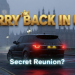 A viral, hyper-realistic YouTube thumbnail with a dramatic royal mystery atmosphere. The background is a rain-slicked London street at dusk with Big Ben faintly visible through fog and subtle Union Jack reflections in puddles. The composition uses a low-angle shot to focus on the main subject: a sleek black Range Rover with tinted windows pulling away, its red brake lights glowing intensely. The image features massive 3D typography with strict hierarchy: The Primary Text reads exactly: 'HARRY BACK IN UK'. This text is massive, the largest element in the frame, rendered in molten gold with royal crown details embossed. The Secondary Text reads exactly: 'Secret Reunion?'. This text is significantly smaller, positioned below with a thick neon-blue outline and subtle glitch effect to contrast against the moody background. The text materials correspond to the story's concept. Crucial Instruction: There is absolutely NO other text, numbers, watermarks, or subtitles in this image other than these two specific lines. 8k, Unreal Engine 5, cinematic render.