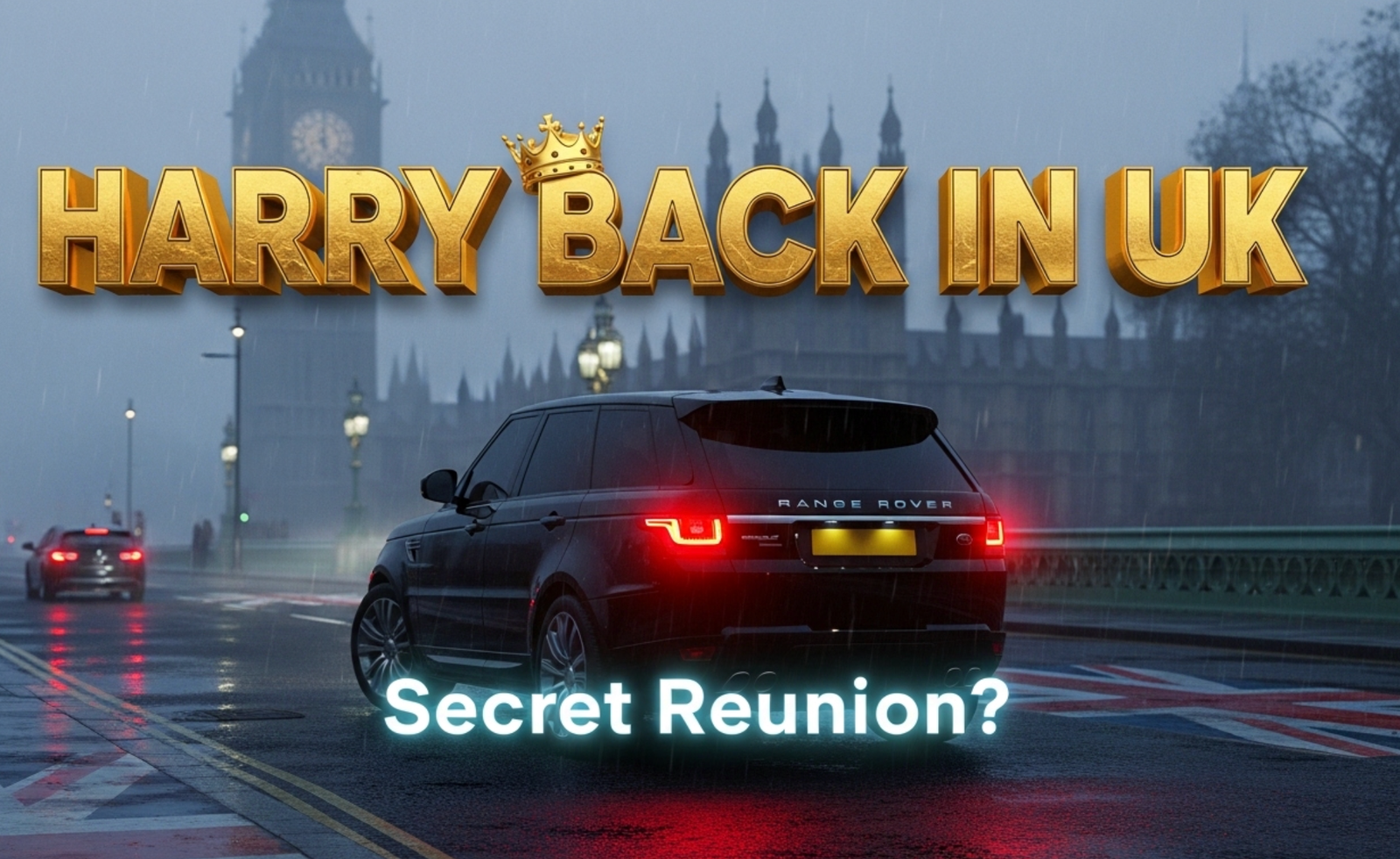 A viral, hyper-realistic YouTube thumbnail with a dramatic royal mystery atmosphere. The background is a rain-slicked London street at dusk with Big Ben faintly visible through fog and subtle Union Jack reflections in puddles. The composition uses a low-angle shot to focus on the main subject: a sleek black Range Rover with tinted windows pulling away, its red brake lights glowing intensely. The image features massive 3D typography with strict hierarchy: The Primary Text reads exactly: 'HARRY BACK IN UK'. This text is massive, the largest element in the frame, rendered in molten gold with royal crown details embossed. The Secondary Text reads exactly: 'Secret Reunion?'. This text is significantly smaller, positioned below with a thick neon-blue outline and subtle glitch effect to contrast against the moody background. The text materials correspond to the story's concept. Crucial Instruction: There is absolutely NO other text, numbers, watermarks, or subtitles in this image other than these two specific lines. 8k, Unreal Engine 5, cinematic render.