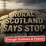 A viral, hyper-realistic YouTube thumbnail with a dramatic Scottish rural atmosphere. The background is a moody Scottish Borders landscape at golden hour with rolling hills being overshadowed by massive looming steel electricity pylons and giant wind turbines marching across the horizon under heavy storm clouds. The composition uses a dramatic low-angle shot looking up to emphasize scale and threat. The main subject is a huge cracked stone wall in the foreground with deep carved lettering. The Primary Text reads exactly: 'RURAL SCOTLAND SAYS STOP'. This text is massive, carved deep into ancient Scottish stone with moss and cracks, dramatic shadow depth like a high-budget cinematic render. The Secondary Text reads exactly: 'Enough Turbines & Pylons'. This text is smaller, positioned below in bold red sticker-style with thick white outline and slight tilt for urgency. 8k, Unreal Engine 5, cinematic render.