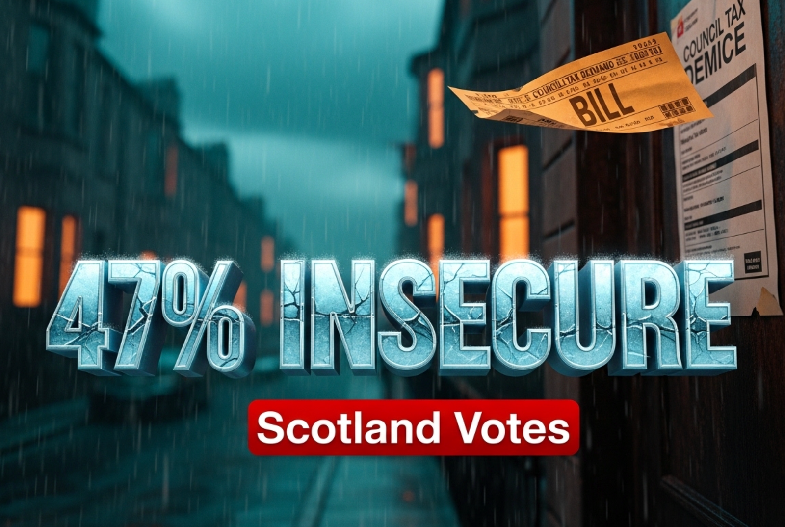 A viral, hyper-realistic YouTube thumbnail with a dark, stormy Scottish atmosphere. The background is a rain-lashed Glasgow tenement street at dusk with glowing orange windows and heavy clouds, dramatic teal and orange cinematic lighting. The composition uses a low angle to focus on the main subject: a torn household bill fluttering in the wind, pinned to a door by a council tax demand notice. The image features massive 3D typography with strict hierarchy: The Primary Text reads exactly: '47% INSECURE'. This text is massive, the largest element in the frame, rendered in cracked ice-blue chrome with frost particles to look like a high-budget 3D render. The Secondary Text reads exactly: 'Scotland Votes'. This text is significantly smaller, positioned below the main text. It features a thick red danger-style border to contrast against the background. Make sure text 2 is always different theme, style, effect and border compared to text 1. The text materials correspond to the story's concept. Crucial Instruction: There is absolutely NO other text, numbers, watermarks, or subtitles in this image other than these two specific lines. 8k, Unreal Engine 5, cinematic render.