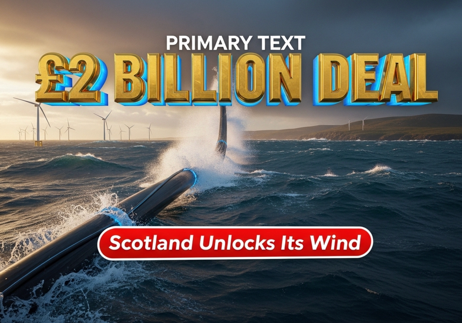 A viral, hyper-realistic YouTube thumbnail with a dramatic Scottish renewable energy atmosphere. The background is a stormy North Atlantic sea at golden hour with massive waves crashing against the Isle of Lewis cliffs and dozens of offshore wind turbines on the horizon. The composition uses a dramatic low-angle shot from the water level looking up to focus on the main subject: a gigantic, gleaming high-voltage subsea power cable emerging from the ocean like a black sea serpent, water cascading off it. The image features massive 3D typography with strict hierarchy: The Primary Text reads exactly: '£2 BILLION DEAL'. This text is massive, the largest element in the frame, rendered in molten gold chrome with electric blue glow edges to look like a high-budget 3D render. The Secondary Text reads exactly: 'Scotland Unlocks Its Wind'. This text is significantly smaller, positioned below the main text with a thick white outline and red sticker-style border. 8k, Unreal Engine 5, cinematic render.