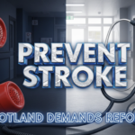 A viral, hyper-realistic YouTube thumbnail with a dramatic medical atmosphere. The background is a dark, moody Scottish hospital corridor fading into a bright community clinic with open doors and sunlight pouring in. The composition uses a dramatic low-angle shot to focus on the main subject: a large, gleaming red emergency telephone handset morphing into a stethoscope. The image features massive 3D typography with strict hierarchy: The Primary Text reads exactly: 'PREVENT STROKE'. This text is massive, the largest element in the frame, rendered in polished chrome with subtle Scottish saltire engraving to look like a high-budget 3D render. The Secondary Text reads exactly: 'SCOTLAND DEMANDS REFORM'. This text is significantly smaller, positioned below the main text. It features a thick, electric-blue glowing border to contrast against the background. Make sure text 2 is always different theme, style, effect and border compared to text 1. The text materials correspond to the story's concept. Crucial Instruction: There is absolutely NO other text, numbers, watermarks, or subtitles in this image other than these two specific lines. 8k, Unreal Engine 5, cinematic render