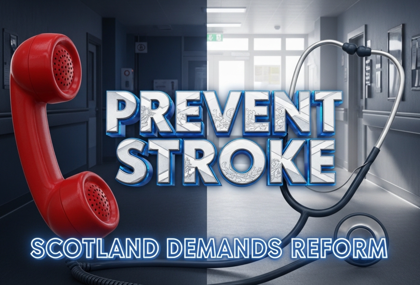 A viral, hyper-realistic YouTube thumbnail with a dramatic medical atmosphere. The background is a dark, moody Scottish hospital corridor fading into a bright community clinic with open doors and sunlight pouring in. The composition uses a dramatic low-angle shot to focus on the main subject: a large, gleaming red emergency telephone handset morphing into a stethoscope. The image features massive 3D typography with strict hierarchy: The Primary Text reads exactly: 'PREVENT STROKE'. This text is massive, the largest element in the frame, rendered in polished chrome with subtle Scottish saltire engraving to look like a high-budget 3D render. The Secondary Text reads exactly: 'SCOTLAND DEMANDS REFORM'. This text is significantly smaller, positioned below the main text. It features a thick, electric-blue glowing border to contrast against the background. Make sure text 2 is always different theme, style, effect and border compared to text 1. The text materials correspond to the story's concept. Crucial Instruction: There is absolutely NO other text, numbers, watermarks, or subtitles in this image other than these two specific lines. 8k, Unreal Engine 5, cinematic render