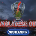 A viral, hyper-realistic YouTube thumbnail with a dramatic cricket stadium atmosphere. The background is a packed Kolkata night stadium under floodlights with tense dark clouds and subtle red-blue emergency lights flashing. The composition uses a low-angle cinematic shot to focus on the main subject: a gleaming silver ICC T20 World Cup trophy floating in the center with a massive crack running through it. The image features massive 3D typography with strict hierarchy: The Primary Text reads exactly: 'BANGLADESH OUT?'. This text is massive, the largest element in the frame, rendered in cracked chrome metal with glowing red edges to look like a high-budget 3D render. The Secondary Text reads exactly: 'SCOTLAND IN'. This text is significantly smaller, positioned below the main text with a thick white outline and electric blue neon glow sticker style to contrast against the dark background. The text materials correspond to the story's concept. Crucial Instruction: There is absolutely NO other text, numbers, watermarks, or subtitles in this image other than these two specific lines. 8k, Unreal Engine 5, cinematic render