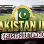 A viral, hyper-realistic YouTube thumbnail with a vibrant cricket stadium atmosphere. The background is a packed Takashinga Sports Club in Harare under bright African sunlight with green outfield and excited crowd. The composition uses a dramatic low angle to focus on the main subject: a gleaming gold Pakistan U19 badge with green crescent and star. The image features massive 3D typography with strict hierarchy: The Primary Text reads exactly: 'PAKISTAN U19'. This text is massive, the largest element in the frame, rendered in premium gold chrome with emerald glow to look like a high-budget 3D render. The Secondary Text reads exactly: 'CRUSH SCOTLAND'. This text is significantly smaller, positioned below the main text. It features a thick white border with red outline sticker style to contrast against the background. Make sure text 2 is always different theme, style, effect and border compared to text 1. The text materials correspond to the story's concept. Crucial Instruction: There is absolutely NO other text, numbers, watermarks, or subtitles in this image other than these two specific lines. 8k, Unreal Engine 5, cinematic render