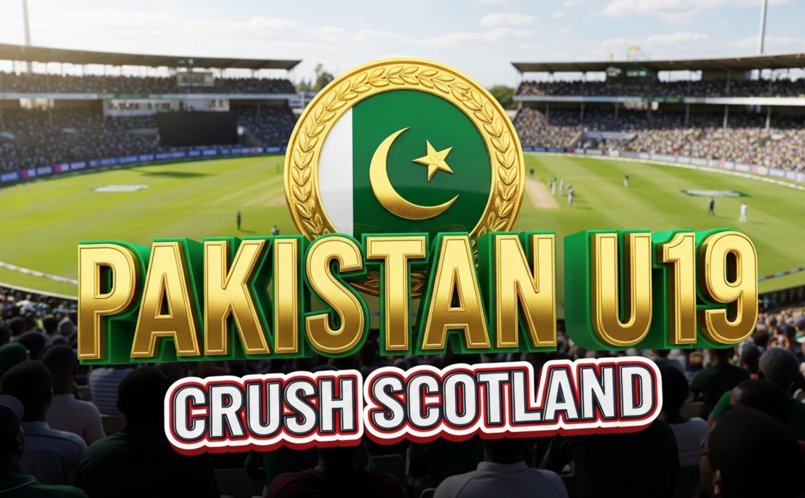 A viral, hyper-realistic YouTube thumbnail with a vibrant cricket stadium atmosphere. The background is a packed Takashinga Sports Club in Harare under bright African sunlight with green outfield and excited crowd. The composition uses a dramatic low angle to focus on the main subject: a gleaming gold Pakistan U19 badge with green crescent and star. The image features massive 3D typography with strict hierarchy: The Primary Text reads exactly: 'PAKISTAN U19'. This text is massive, the largest element in the frame, rendered in premium gold chrome with emerald glow to look like a high-budget 3D render. The Secondary Text reads exactly: 'CRUSH SCOTLAND'. This text is significantly smaller, positioned below the main text. It features a thick white border with red outline sticker style to contrast against the background. Make sure text 2 is always different theme, style, effect and border compared to text 1. The text materials correspond to the story's concept. Crucial Instruction: There is absolutely NO other text, numbers, watermarks, or subtitles in this image other than these two specific lines. 8k, Unreal Engine 5, cinematic render