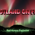 A viral, hyper-realistic YouTube thumbnail with a cosmic, electric atmosphere. The background is the Scottish Highlands under a star-filled sky completely dominated by massive blood-red and emerald aurora curtains. The composition uses a dramatic low-angle shot looking up toward a silhouetted mountain ridge. The main subject is a glowing, faceless silhouette of the classic Scottish stag standing proud on the ridge. The image features massive 3D typography with strict hierarchy: The Primary Text reads exactly: 'SCOTLAND ON FIRE'. This text is massive, the largest element in the frame, rendered in molten crimson chrome with pulsing aurora glow. The Secondary Text reads exactly: 'Red Aurora Explosion'. This text is significantly smaller, positioned below the main text with thick electric-green outline and subtle lightning crackle effect. The text materials correspond to the story's concept. Crucial Instruction: There is absolutely NO other text, numbers, watermarks, or subtitles in this image other than these two specific lines. 8k, Unreal Engine 5, cinematic render.