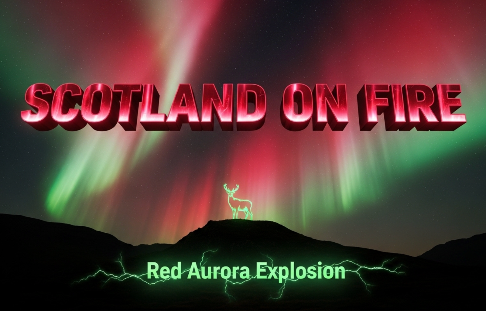 A viral, hyper-realistic YouTube thumbnail with a cosmic, electric atmosphere. The background is the Scottish Highlands under a star-filled sky completely dominated by massive blood-red and emerald aurora curtains. The composition uses a dramatic low-angle shot looking up toward a silhouetted mountain ridge. The main subject is a glowing, faceless silhouette of the classic Scottish stag standing proud on the ridge. The image features massive 3D typography with strict hierarchy: The Primary Text reads exactly: 'SCOTLAND ON FIRE'. This text is massive, the largest element in the frame, rendered in molten crimson chrome with pulsing aurora glow. The Secondary Text reads exactly: 'Red Aurora Explosion'. This text is significantly smaller, positioned below the main text with thick electric-green outline and subtle lightning crackle effect. The text materials correspond to the story's concept. Crucial Instruction: There is absolutely NO other text, numbers, watermarks, or subtitles in this image other than these two specific lines. 8k, Unreal Engine 5, cinematic render.