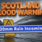 A viral, hyper-realistic YouTube thumbnail with a dramatic stormy atmosphere. The background is a rain-lashed Scottish Highland landscape with dark clouds, flooded rivers bursting banks, and mist rolling over mountains with intense cinematic lighting and heavy rain streaks. The composition uses a dramatic low-angle shot to focus on the main subject: a bright yellow Met Office weather warning sign standing in floodwater. The image features massive 3D typography with strict hierarchy: The Primary Text reads exactly: 'SCOTLAND FLOOD WARNING'. This text is massive, the largest element in the frame, rendered in glowing emergency orange chrome to look like a high-budget 3D render. The Secondary Text reads exactly: '120mm Rain Incoming'. This text is significantly smaller, positioned below the main text. It features a thick, electric blue border/outline (sticker style) to contrast against the background. Make sure text 2 is always different theme, style, effect and border compared to text 1. The text materials correspond to the story's concept. Crucial Instruction: There is absolutely NO other text, numbers, watermarks, or subtitles in this image other than these two specific lines. 8k, Unreal Engine 5, cinematic render.