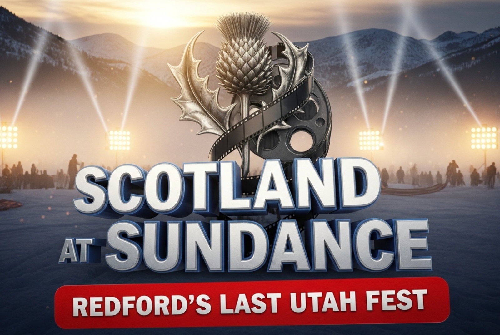 A viral, hyper-realistic YouTube thumbnail with a cinematic entertainment atmosphere. The background is a snowy Utah mountain landscape with festival lights and spotlights beaming through fog with dramatic golden hour lighting. The composition uses a low angle to focus on the main subject: a detailed faceless Scottish thistle emblem intertwined with a film reel. The image features massive 3D typography with strict hierarchy: The Primary Text reads exactly: 'Scotland at Sundance'. This text is massive, the largest element in the frame, rendered in chrome to look like a high-budget 3D render. The Secondary Text reads exactly: 'Redford's Last Utah Fest'. This text is significantly smaller, positioned below the main text. It features a thick, distinct red border/outline (sticker style) to contrast against the background. The text materials correspond to the story's concept. Crucial Instruction: There is absolutely NO other text, numbers, watermarks, or subtitles in this image other than these two specific lines. 8k, Unreal Engine 5, cinematic render.