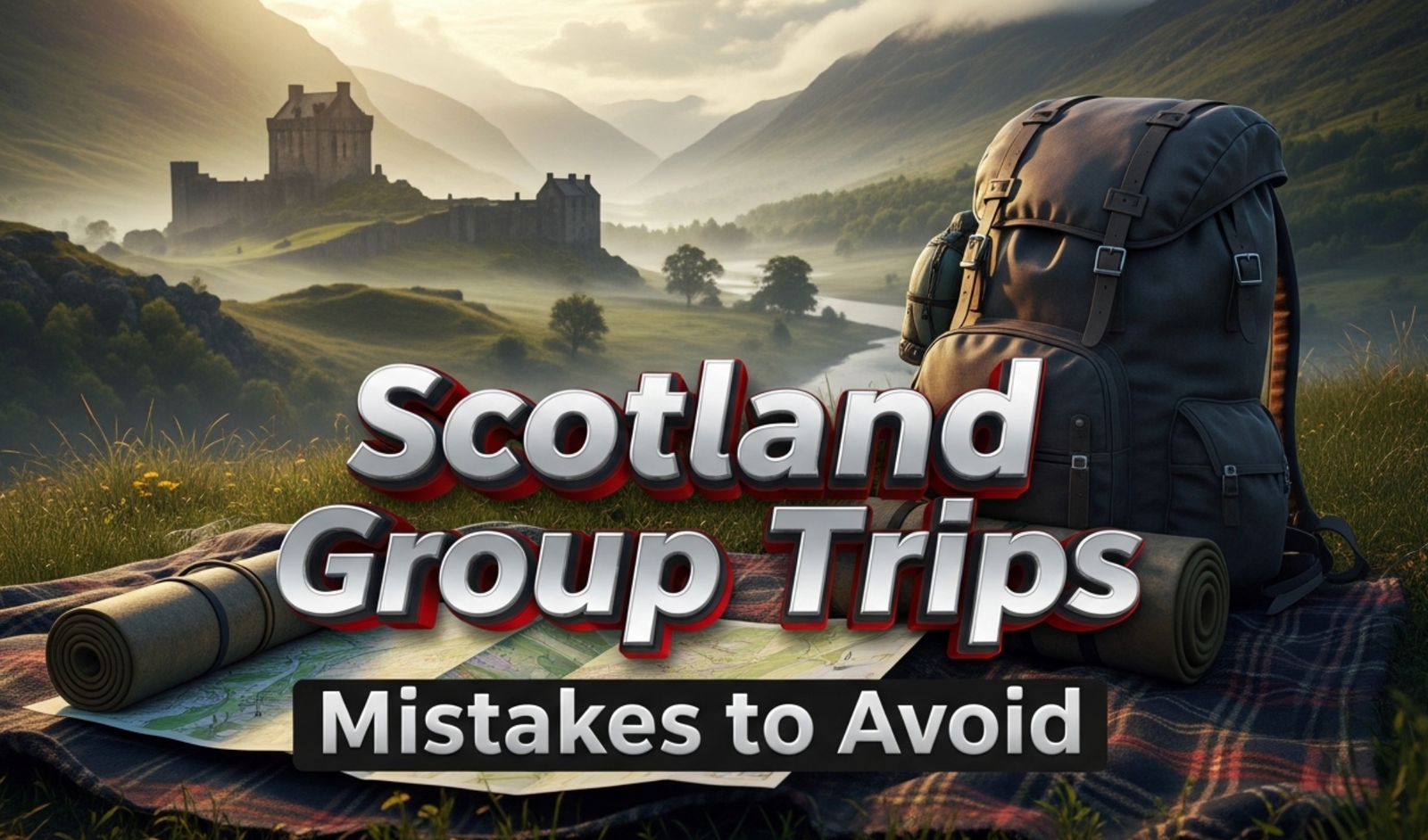 A viral, hyper-realistic YouTube thumbnail with a adventurous Scottish highland atmosphere. The background is a misty glen with ancient castles and rolling hills under dramatic cloudy skies with golden hour lighting. The composition uses a low angle to focus on the main subject: a detailed faceless backpack and map sprawled on a tartan blanket. The image features massive 3D typography with strict hierarchy: The Primary Text reads exactly: 'Scotland Group Trips'. This text is massive, the largest element in the frame, rendered in chrome to look like a high-budget 3D render. The Secondary Text reads exactly: 'Mistakes to Avoid'. This text is significantly smaller, positioned below the main text. It features a thick, distinct red border/outline (sticker style) to contrast against the background. Make sure text 2 is always different theme, style, effect and border compared to text 1. The text materials correspond to the story's concept. Crucial Instruction: There is absolutely NO other text, numbers, watermarks, or subtitles in this image other than these two specific lines. 8k, Unreal Engine 5, cinematic render