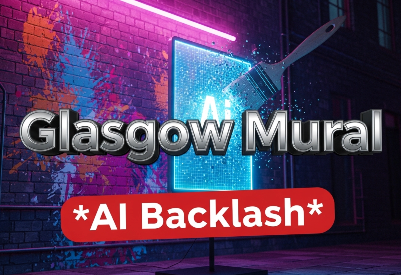 A viral, hyper-realistic YouTube thumbnail with a tech-art controversy atmosphere. The background is a gritty urban Glasgow street wall splashed with vibrant paint and digital glitches, with dramatic neon lighting. The composition uses a Dutch angle to focus on the main subject: a detailed faceless paintbrush clashing against a glowing AI screen. The image features massive 3D typography with strict hierarchy: The Primary Text reads exactly: 'Glasgow Mural'. This text is massive, the largest element in the frame, rendered in chrome to look like a high-budget 3D render. The Secondary Text reads exactly: 'AI Backlash'. This text is significantly smaller, positioned below the main text. It features a thick, distinct red border/outline (sticker style) to contrast against the background. The text materials correspond to the story's concept. Crucial Instruction: There is absolutely NO other text, numbers, watermarks, or subtitles in this image other than these two specific lines. 8k, Unreal Engine 5, cinematic render