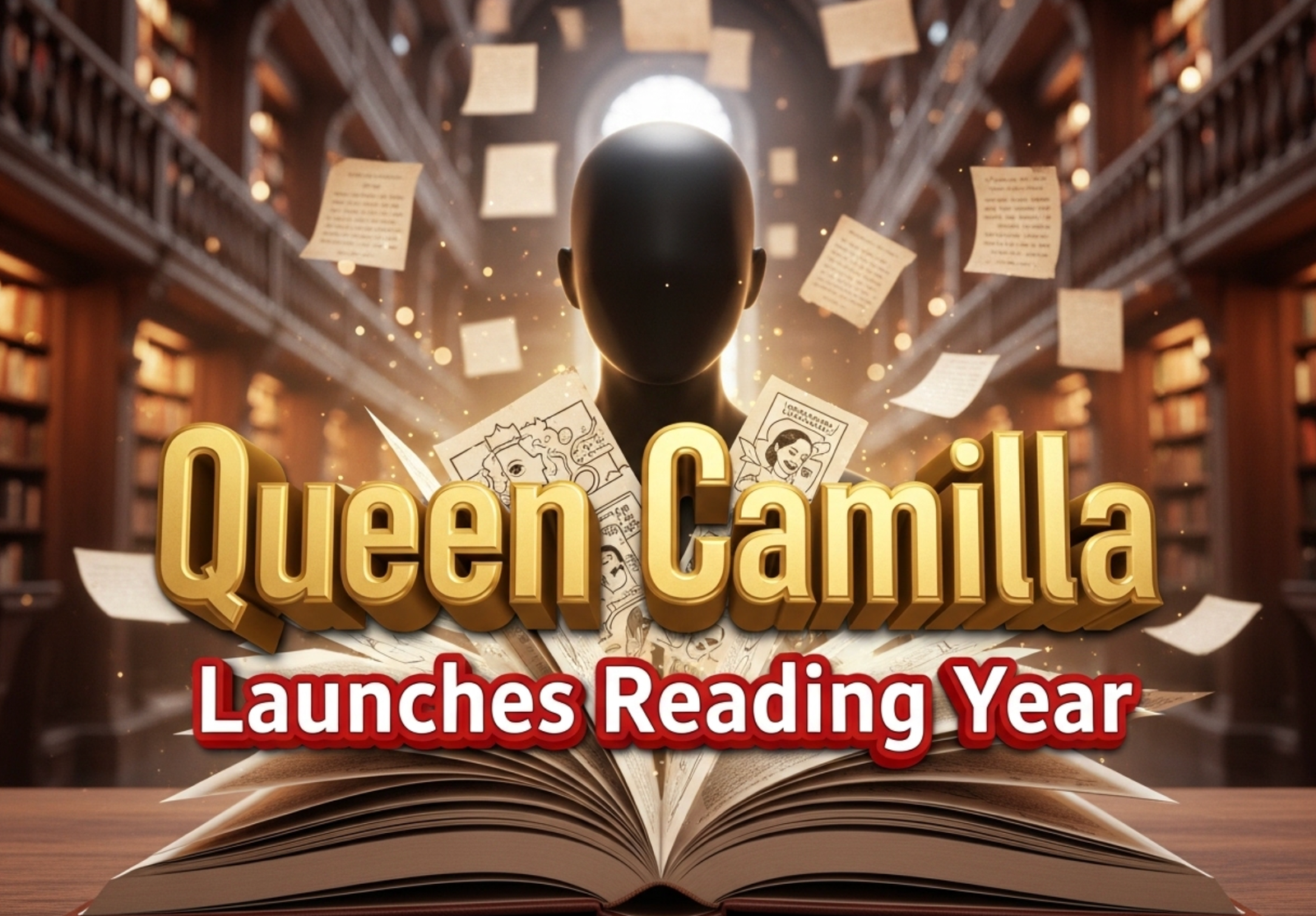A viral, hyper-realistic YouTube thumbnail with a literary and vibrant atmosphere. The background is a grand library hall filled with towering bookshelves and glowing manuscripts with soft golden lighting. The composition uses a dynamic low angle to focus on the main subject: a detailed faceless open book with comic sketches emerging from its pages. The image features massive 3D typography with strict hierarchy: The Primary Text reads exactly: 'Queen Camilla'. This text is massive, the largest element in the frame, rendered in elegant gold to look like a high-budget 3D render. The Secondary Text reads exactly: 'Launches Reading Year'. This text is significantly smaller, positioned below the main text. It features a thick, distinct red border/outline (sticker style) to contrast against the background. Make sure text 2 is always different theme, style, effect and border compared to text 1. The text materials correspond to the story's concept. Crucial Instruction: There is absolutely NO other text, numbers, watermarks, or subtitles in this image other than these two specific lines. 8k, Unreal Engine 5, cinematic render.