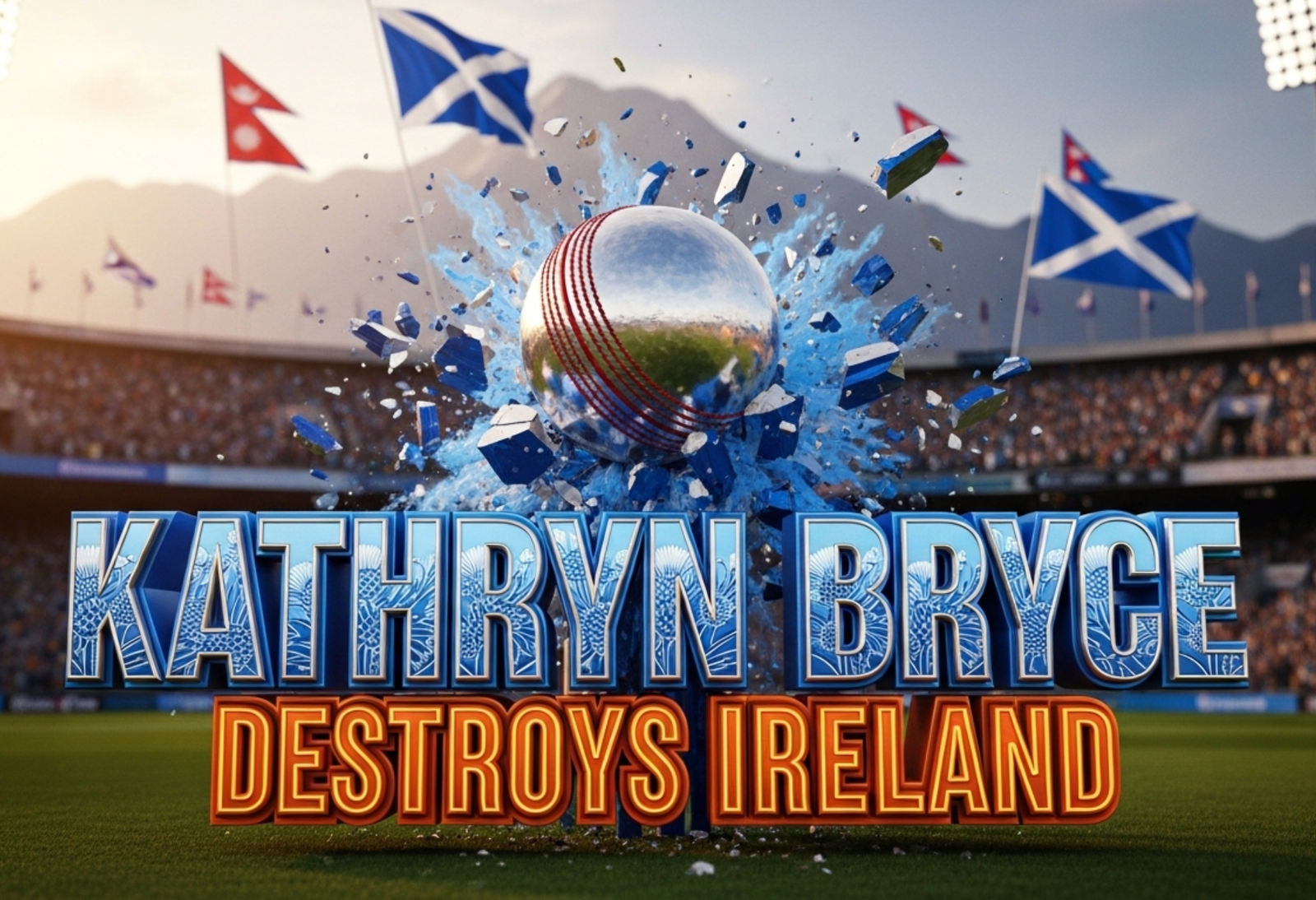 A viral, hyper-realistic YouTube thumbnail with a triumphant sports atmosphere. The background is a packed Kirtipur cricket stadium at golden hour with Nepalese mountains behind and Scottish flags waving. The composition uses a dramatic low angle to focus on the main subject: a gleaming cricket ball smashing through shattered stumps with blue and white debris exploding outward. The image features massive 3D typography with strict hierarchy: The Primary Text reads exactly: 'KATHRYN BRYCE'. This text is massive, the largest element in the frame, rendered in polished Scottish blue chrome with thistle patterns to look like a high-budget 3D render. The Secondary Text reads exactly: 'DESTROYS IRELAND'. This text is significantly smaller, positioned below the main text. It features a thick, fiery orange border/outline to contrast against the background. Make sure text 2 is always different theme, style, effect and border compared to text 1. The text materials correspond to the story's concept. Crucial Instruction: There is absolutely NO other text, numbers, watermarks, or subtitles in this image other than these two specific lines. 8k, Unreal Engine 5, cinematic render.