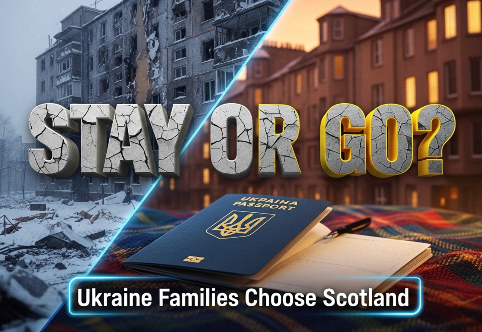 A viral, hyper-realistic YouTube thumbnail with a somber winter atmosphere. The background is a split scene: left side shows a bombed Ukrainian apartment block in snow with no lights, right side shows warm Scottish tenement windows glowing yellow at dusk. The composition uses a dramatic diagonal split to focus on the main subject: a large, empty Ukrainian passport lying open on Scottish tartan fabric. The image features massive 3D typography with strict hierarchy: The Primary Text reads exactly: 'STAY OR GO?'. This text is massive, rendered in cracked concrete texture turning into solid Scottish stone. The Secondary Text reads exactly: 'Ukraine Families Choose Scotland'. This text is smaller, positioned below with glowing blue-yellow border outline like the Ukrainian flag colors. 8k, Unreal Engine 5, cinematic render.