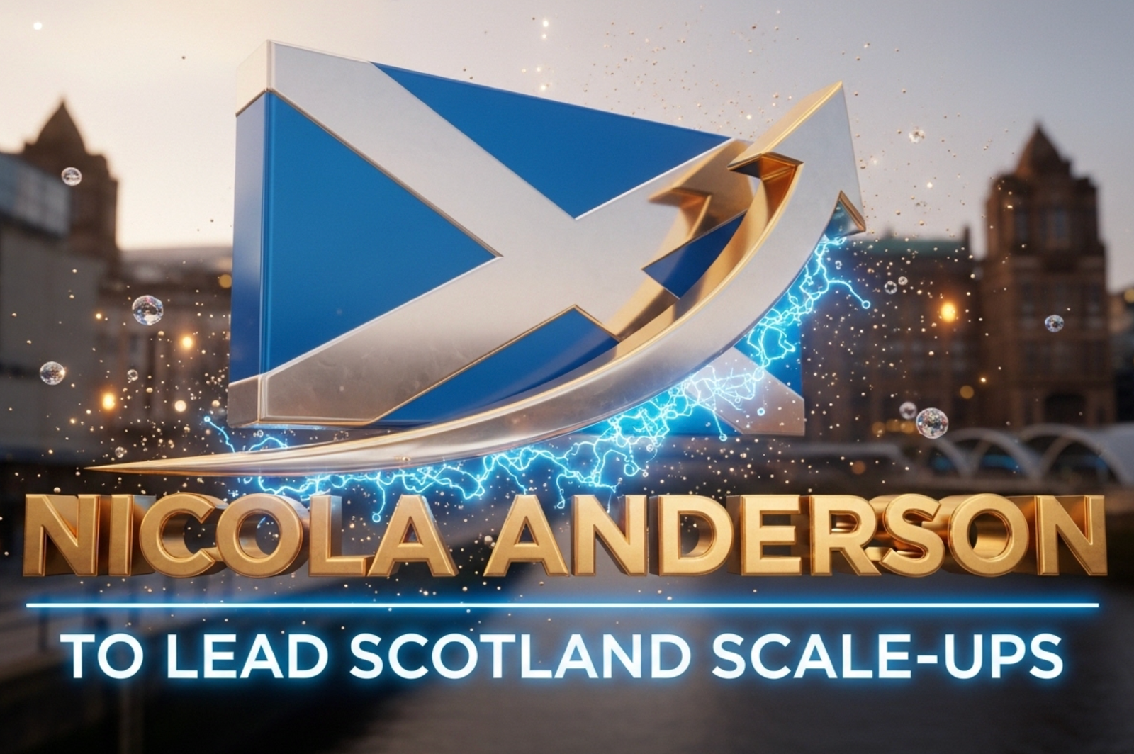 A viral, hyper-realistic YouTube thumbnail with a bold Scottish business power atmosphere. The background is a dramatic Glasgow riverside skyline at golden hour mixed with glowing digital circuits and quantum particles in the air. The composition uses a low-angle heroic shot to focus on the main subject: a massive, polished chrome Scottish saltire morphing into a rising arrow. The image features massive 3D typography with strict hierarchy: The Primary Text reads exactly: 'NICOLA ANDERSON'. This text is massive, the largest element in the frame, rendered in liquid gold chrome to look like a high-budget 3D render. The Secondary Text reads exactly: 'TO LEAD SCOTLAND SCALE-UPS'. This text is significantly smaller, positioned below the main text. It features a thick electric-blue glowing outline to contrast against the background. The text materials correspond to the story's concept. Crucial Instruction: There is absolutely NO other text, numbers, watermarks, or subtitles in this image other than these two specific lines. 8k, Unreal Engine 5, cinematic render.