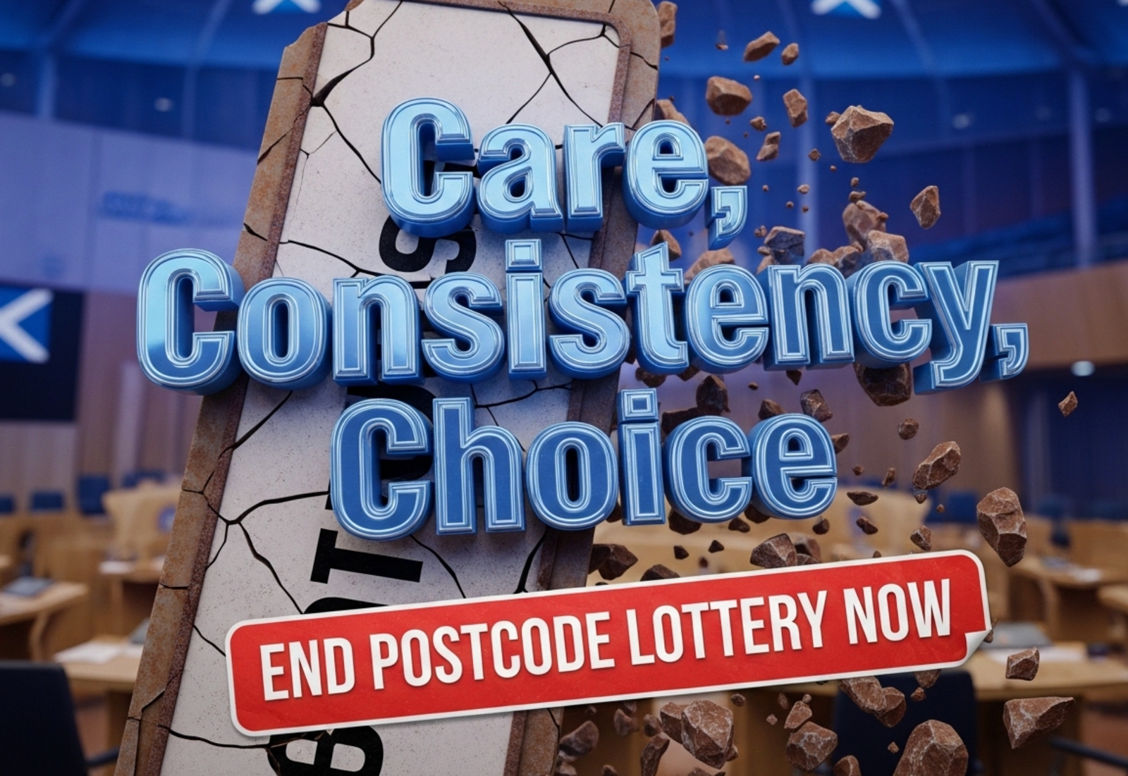 A viral, hyper-realistic YouTube thumbnail with a dramatic Scottish political atmosphere. The background is the Scottish Parliament chamber at dusk with deep blue lighting and subtle Saltire flags. The composition uses a low dramatic camera angle to focus on the main subject: a large, broken postcode sign made of cracked stone and rusted metal slowly crumbling. The image features massive 3D typography with strict hierarchy: The Primary Text reads exactly: 'Care, Consistency, Choice'. This text is massive, the largest element in the frame, rendered in glowing Scottish blue chrome with real-time light reflections to look like a high-budget 3D render. The Secondary Text reads exactly: 'End Postcode Lottery Now'. This text is significantly smaller, positioned below the main text. It features a thick, warning-red sticker-style border with slight distress effect to contrast against the background. Make sure text 2 is always different theme, style, effect and border compared to text 1. The text materials correspond to the story's concept. Crucial Instruction: There is absolutely NO other text, numbers, watermarks, or subtitles in this image other than these two specific lines. 8k, Unreal Engine 5, cinematic render